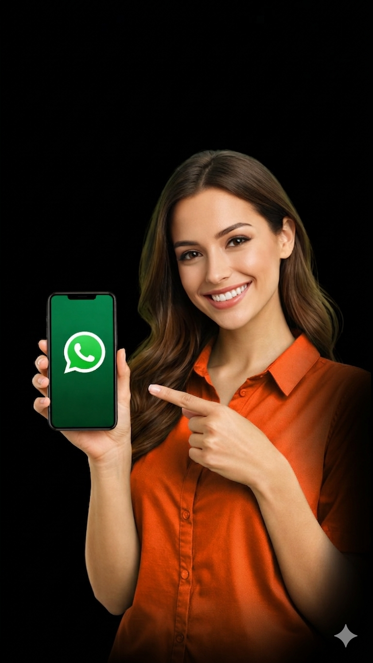 Mulher sorridente apontando para um celular com o logo do WhatsApp