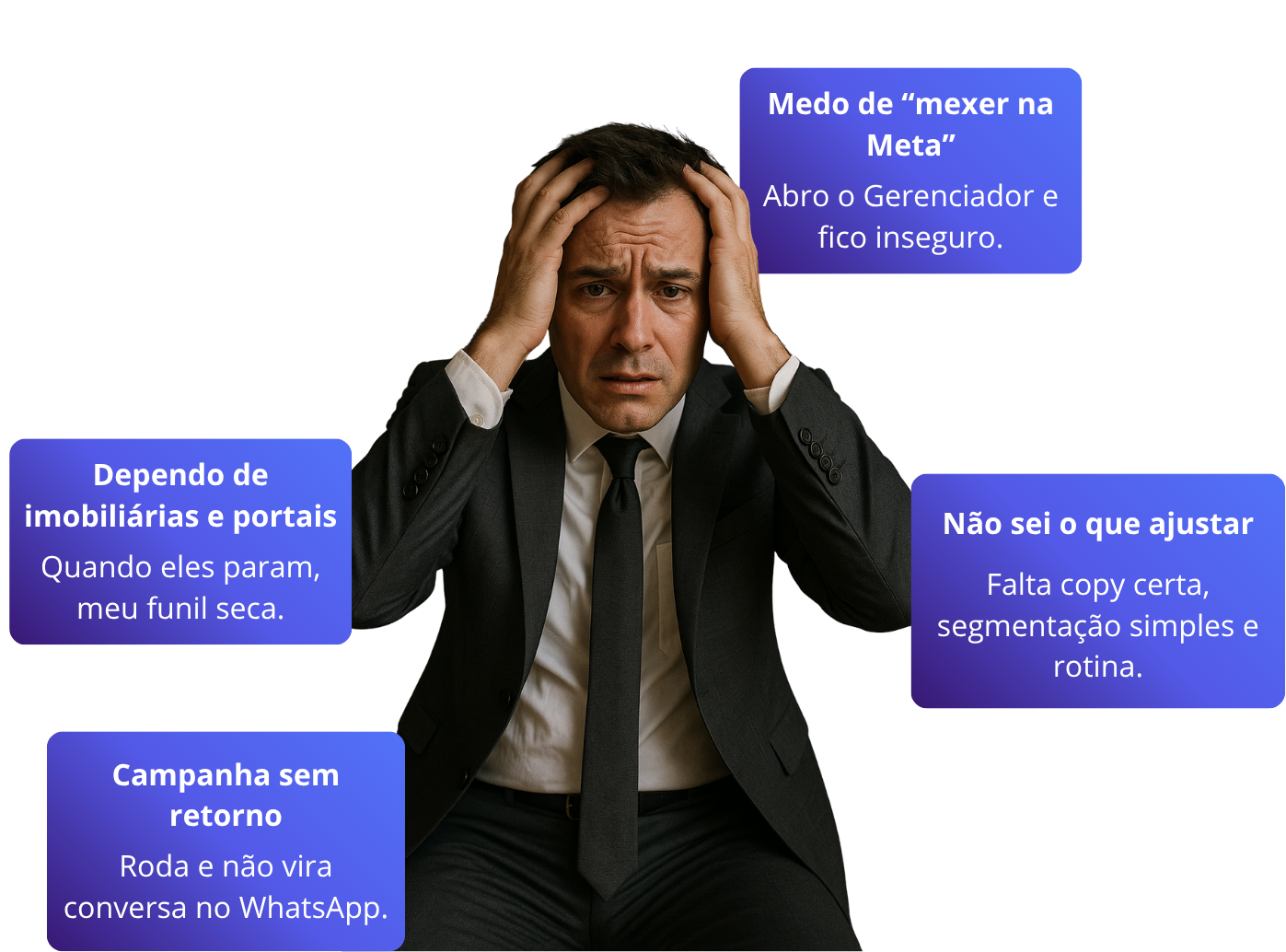 Homem de terno preocupado com as mãos na cabeça