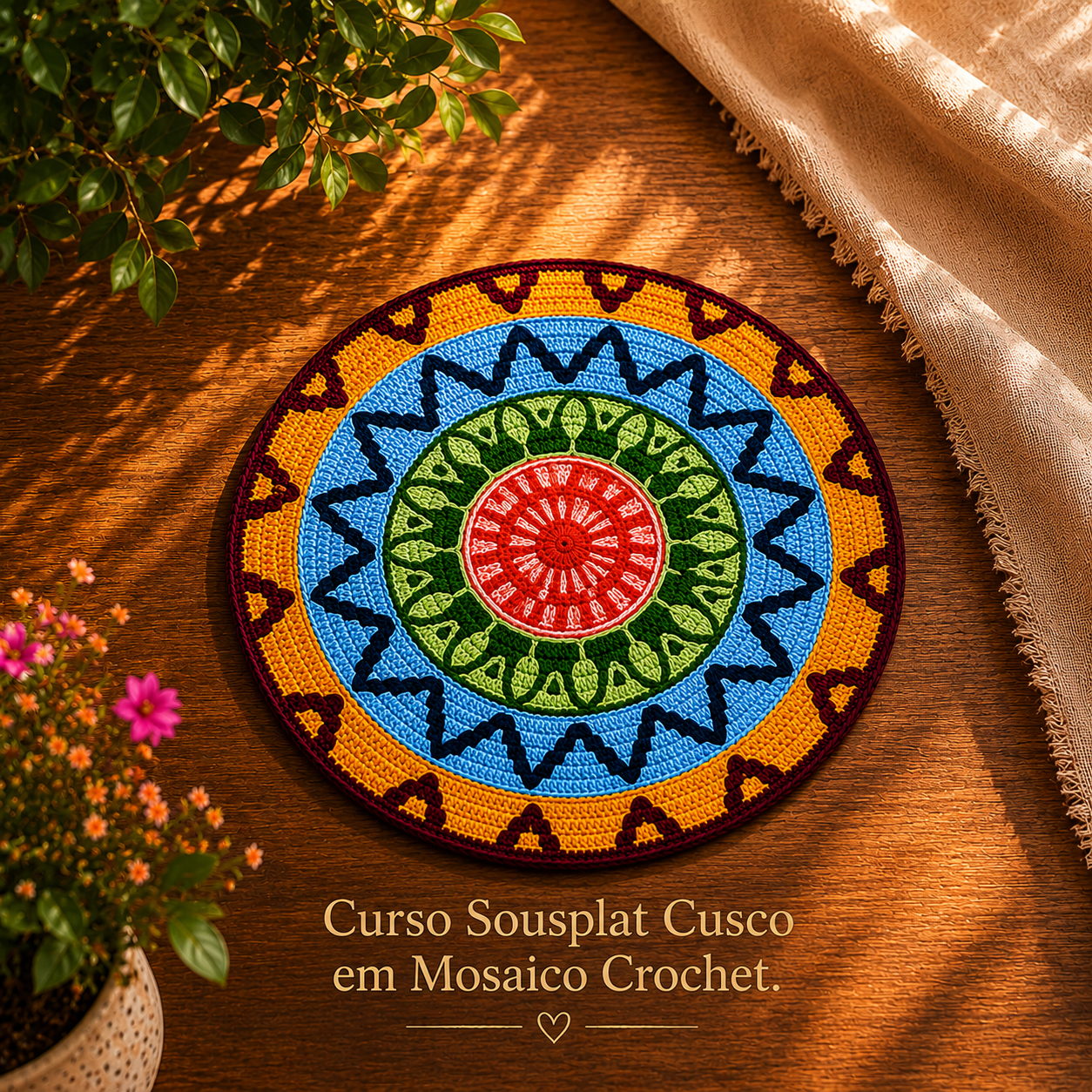 Sousplat Cusco em Mosaico Crochet, com desenho geométrico circular e contraste de cores