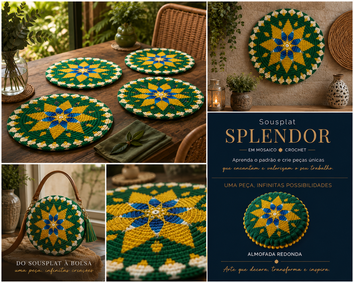 Mesa posta com sousplat floral em mosaico crochet