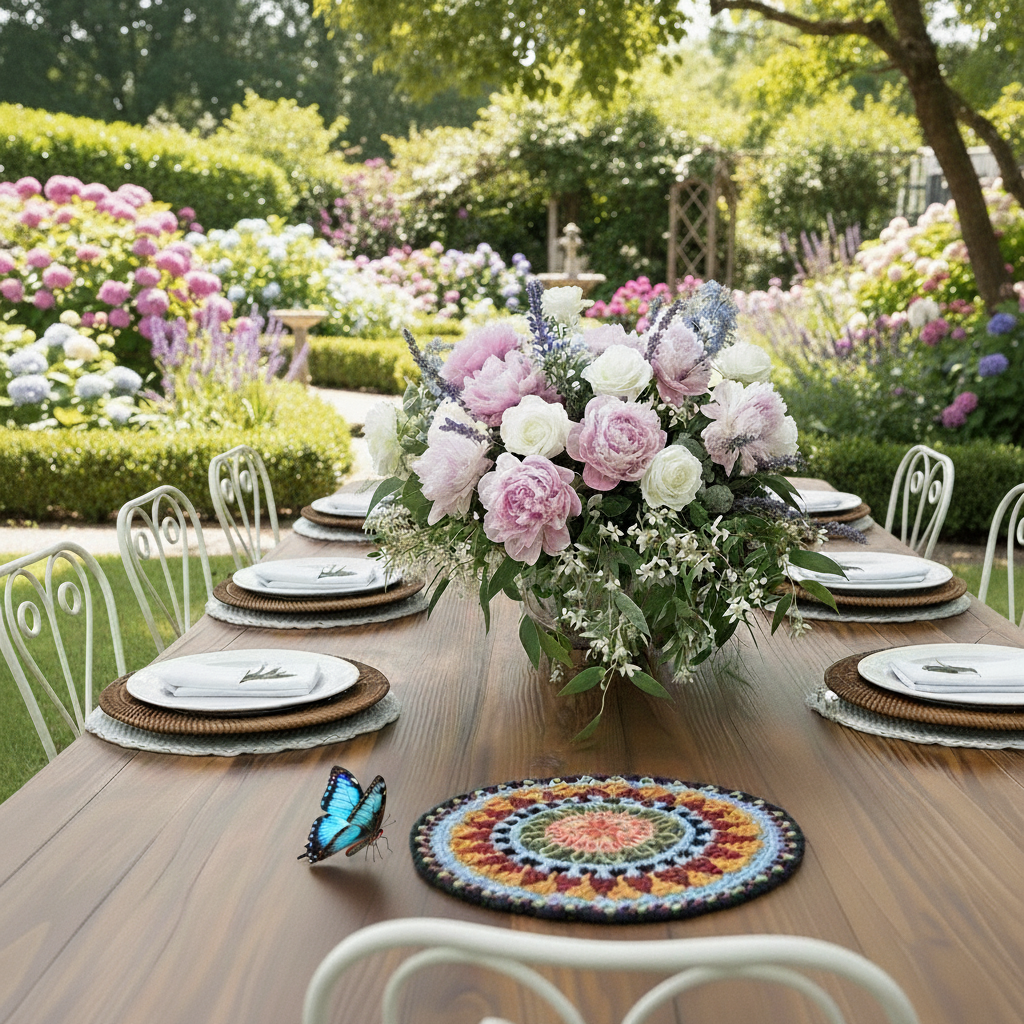 Mesa elegantemente posta com o Sousplat Cusco em Mosaico Crochet, mostrando detalhes intrincados da técnica