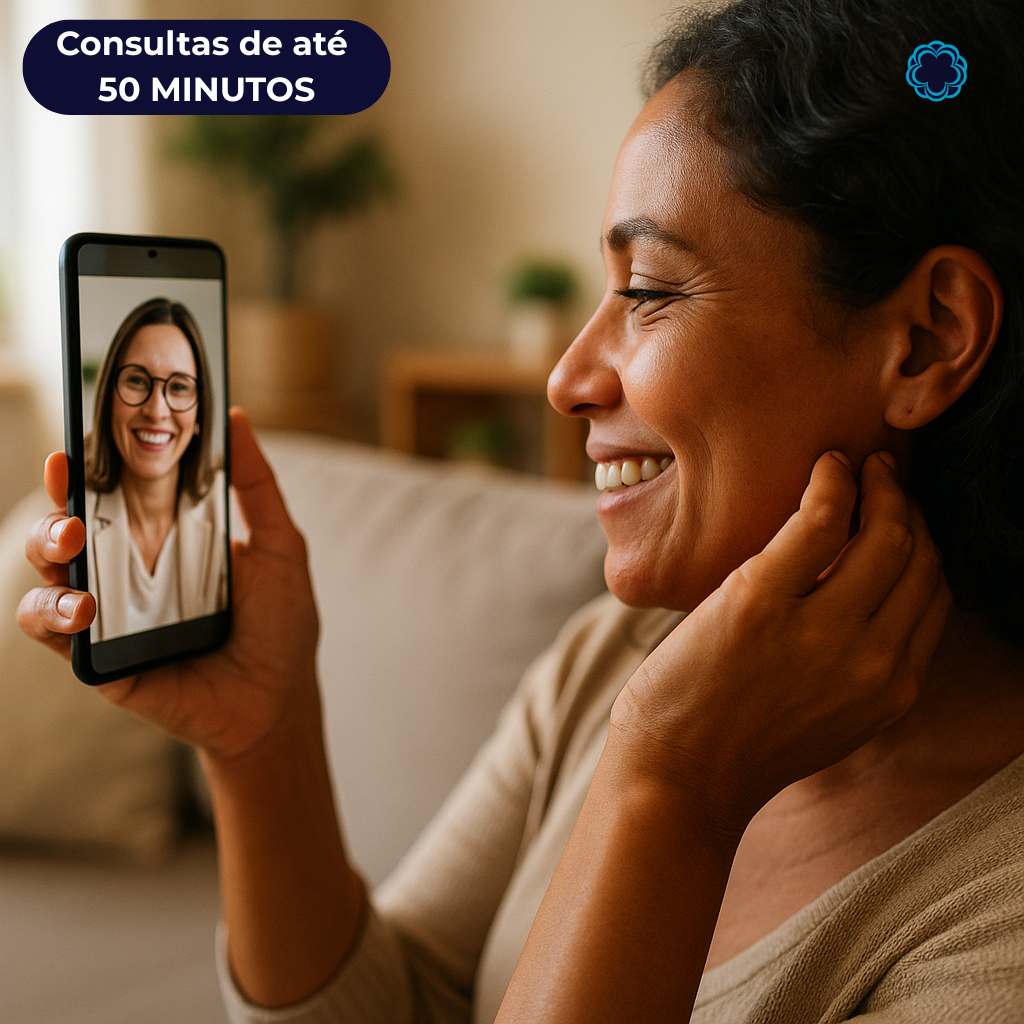 Mulher adulta em ambiente acolhedor, com expressão de ansiedade/reflexão