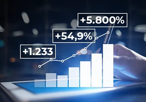 Banner sobre Performance e ROI mostrando resultados da Central Brasil Instrumentos: 1.233 leads, 54,9% em vendas e 5.800% de ROI com gráfico de crescimento ao lado.