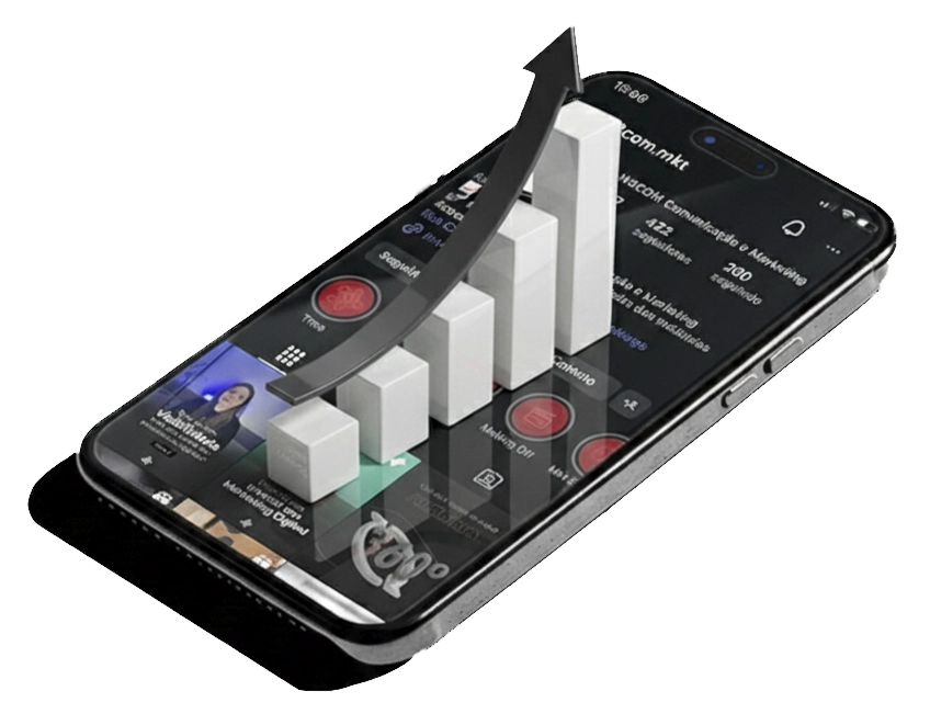 Smartphone posicionado diagonalmente, exibindo o perfil de redes sociais da W3COM. Sobre a tela, um gráfico de barras em 3D, branco, com uma seta escura em crescimento, simboliza o aumento de resultados em marketing digital.