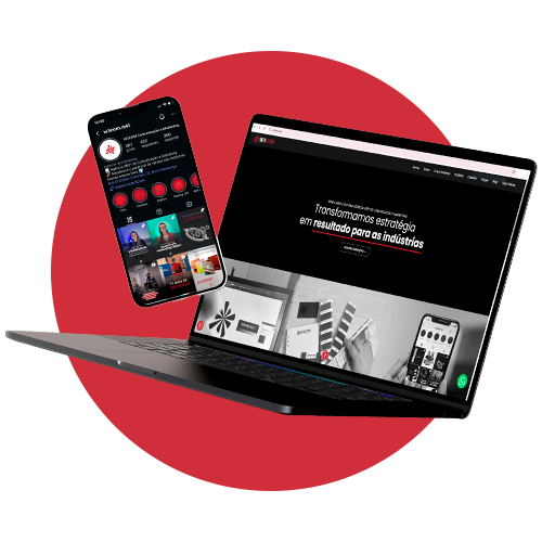 Um laptop aberto e um smartphone sobrepostos, ambos exibindo conteúdo digital da W3COM. O fundo é um círculo vermelho que realça os dispositivos. A imagem evidencia a presença e a estratégia digital da W3COM em diferentes plataformas.