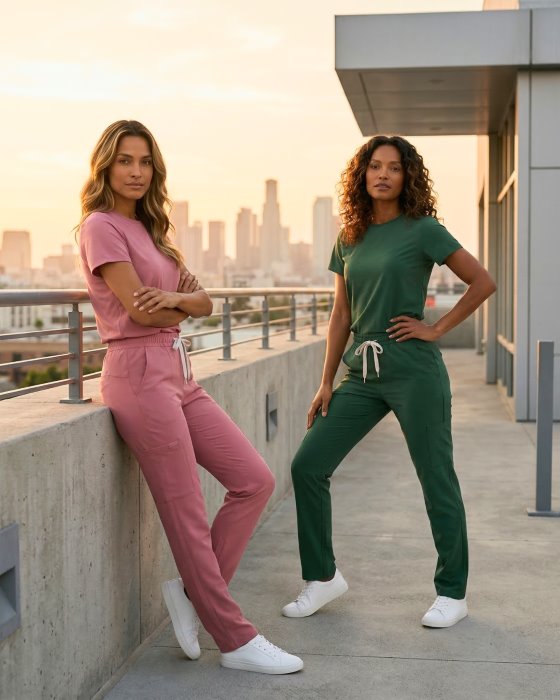 Modelo vestindo scrub da linha Life