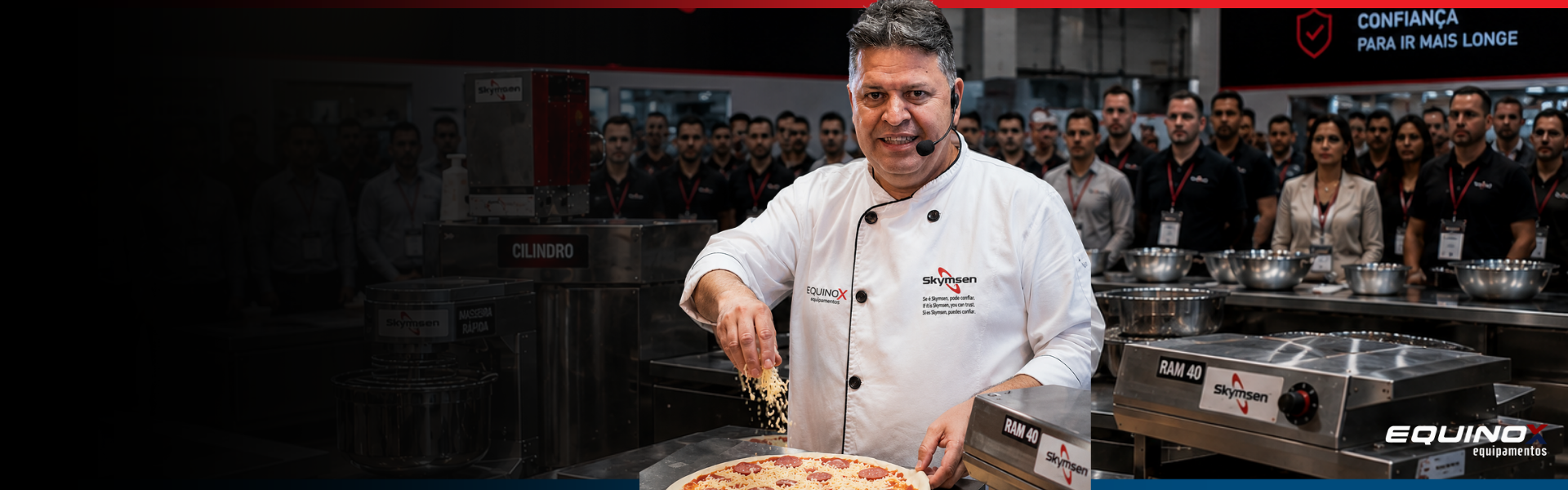 Chef realizando demonstração com equipamentos Skymsen