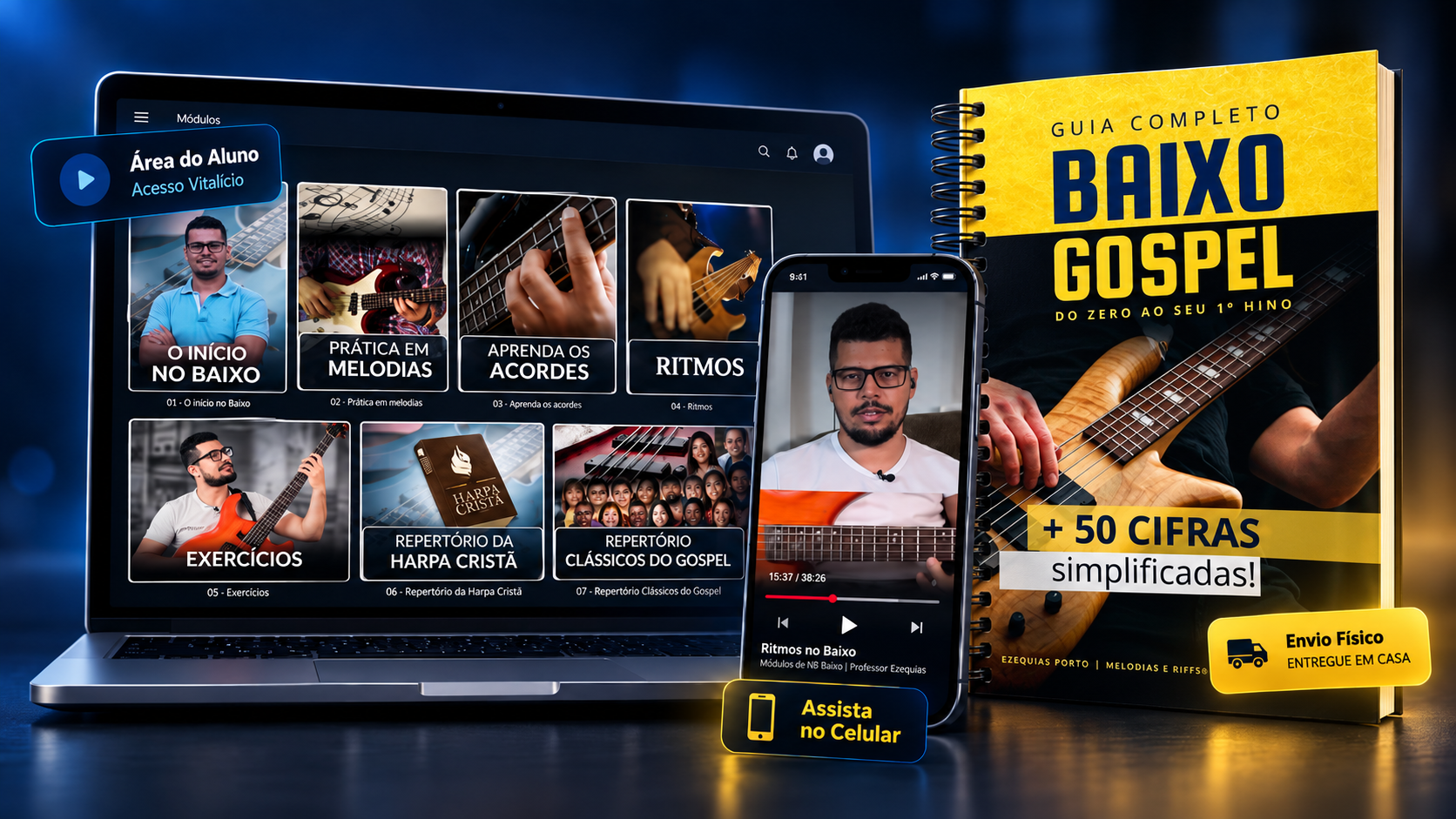 Guia Completo Baixo Gospel: plataforma de videoaulas, livro físico entregue em casa e acesso pelo celular