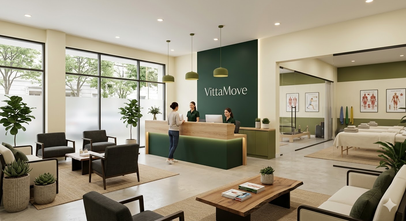 Fisioterapeuta atendendo paciente em ambiente acolhedor da Clínica VittaMove