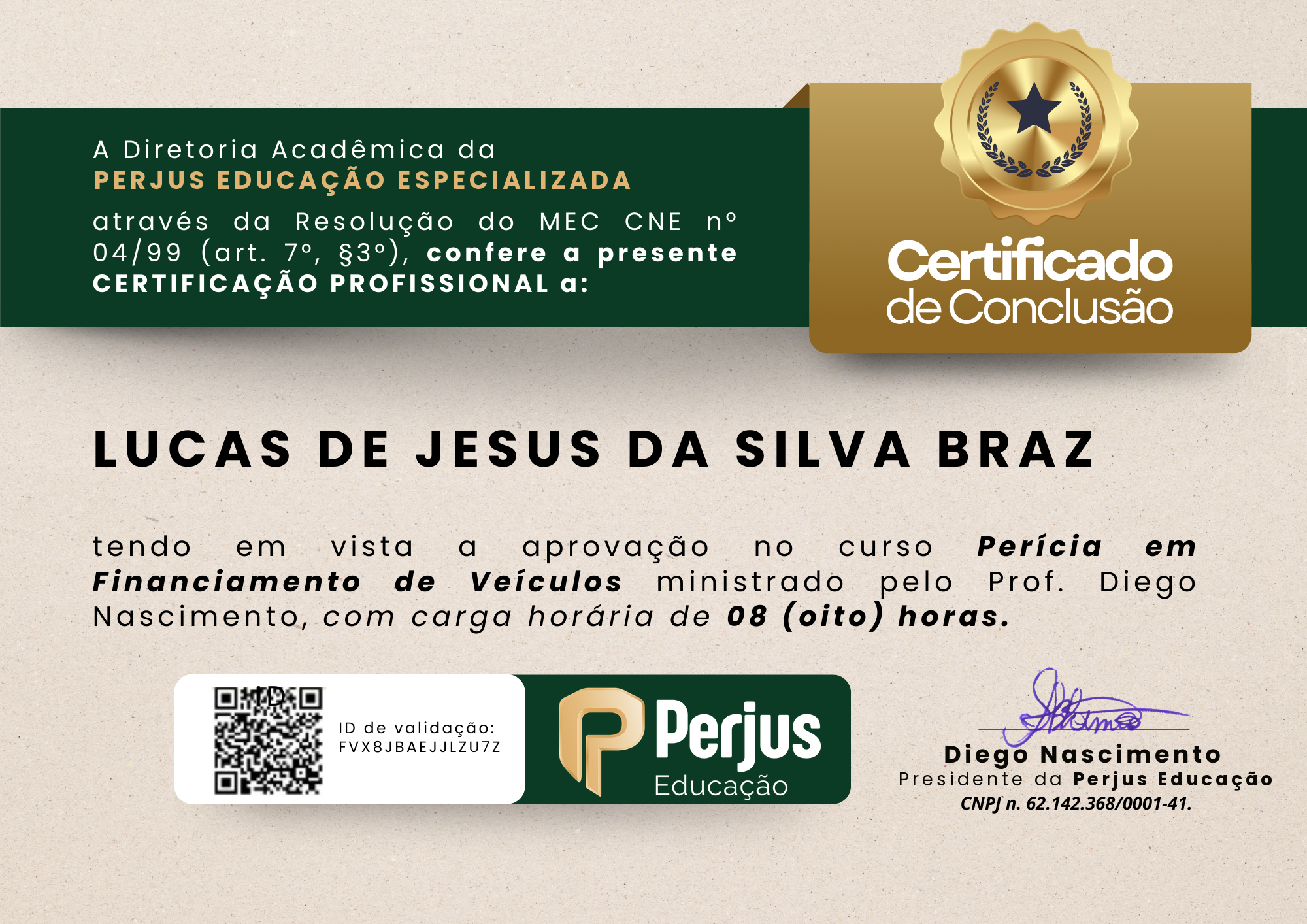 Certificado de conclusão Perjus Educação