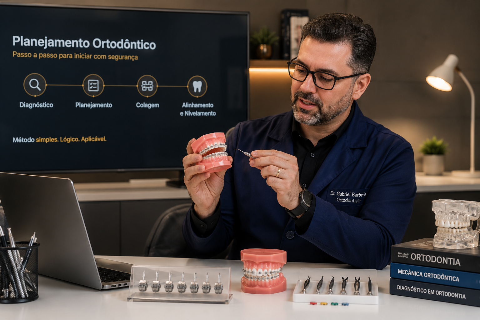 Dentista analisando exame clínico, mostrando ortodontia moderna e segura