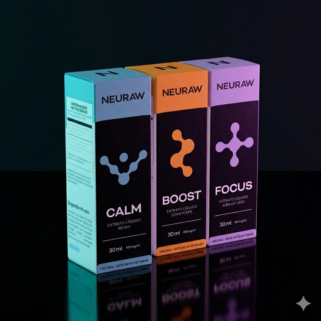 Mockup cinematográfico dos 3 frascos Neuraw Focus, Boost e Calm lado a lado com iluminação âmbar, como potes de ouro para o cérebro.