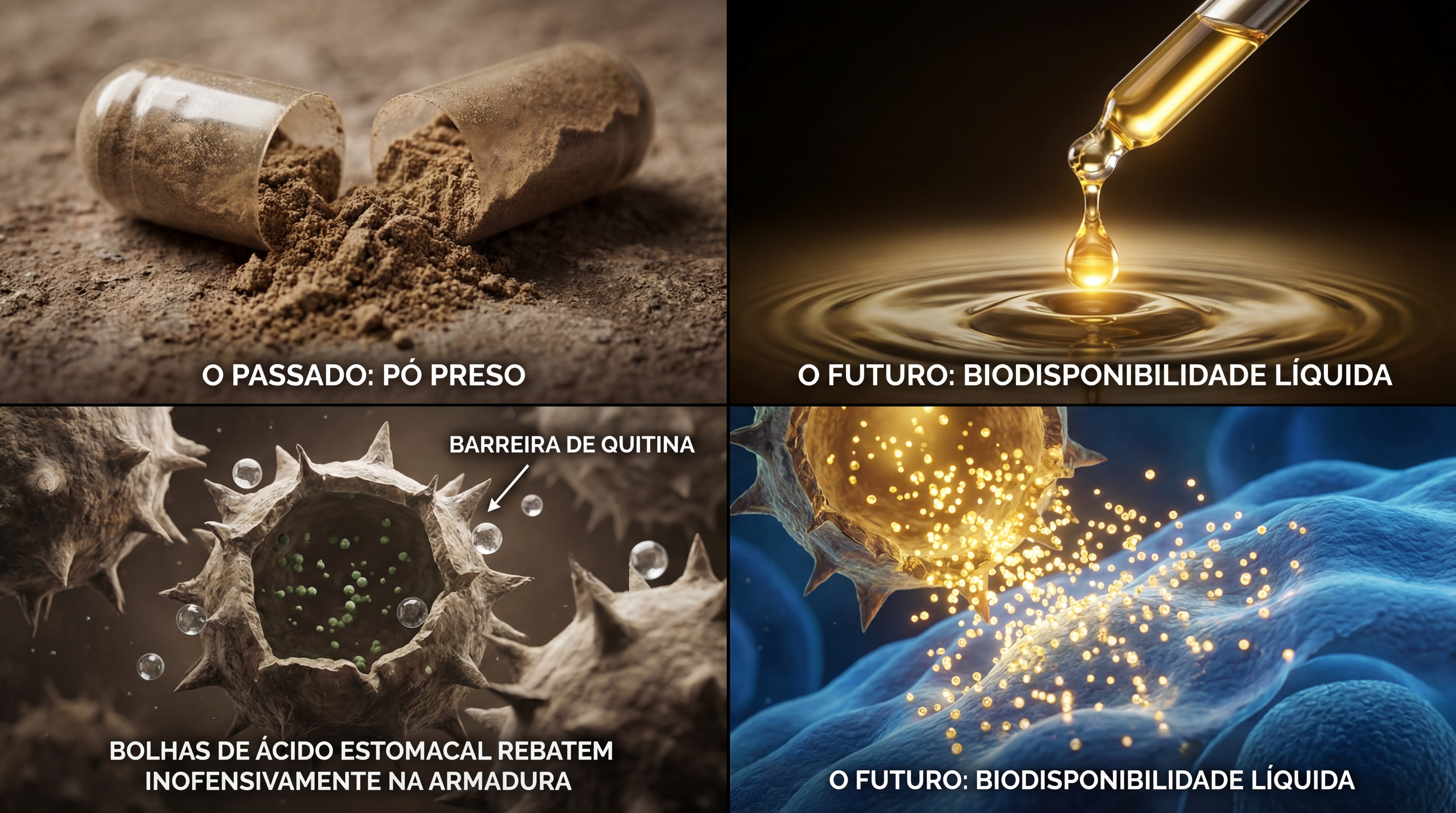 Comparativo visual: Pílulas quebradas versus Frasco de Tecnologia Líquida brilhando