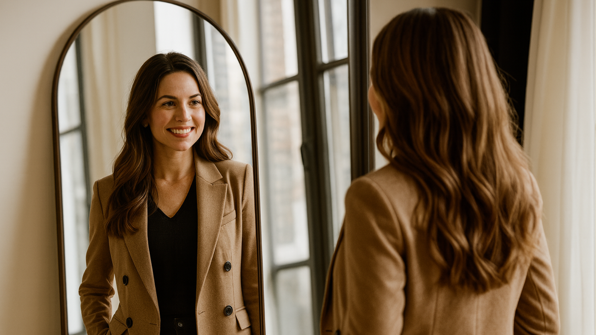 Mulher confiante se olhando no espelho - Bônus Imagem Pessoal