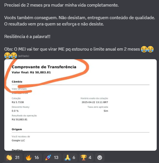 Depoimento com evolução de monetização no YouTube