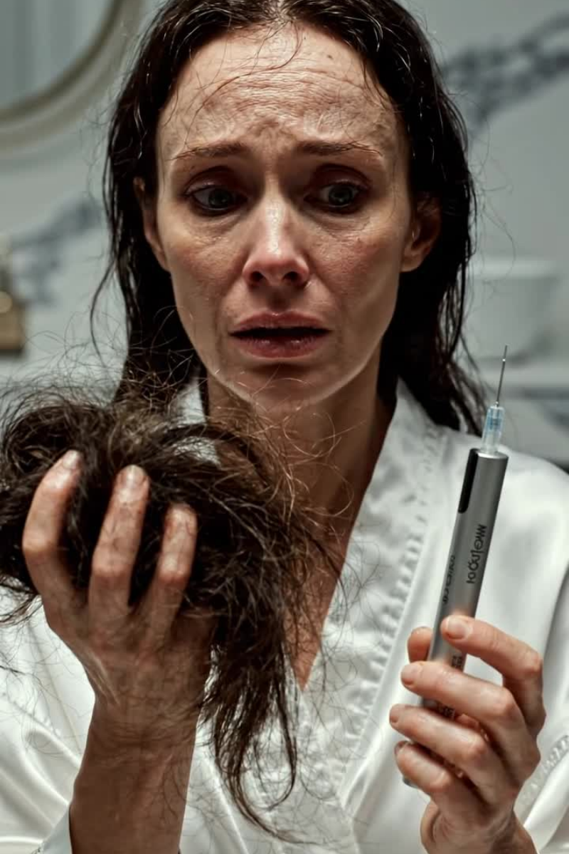 Mulher com olhar de preocupação tocando os cabelos delicadamente