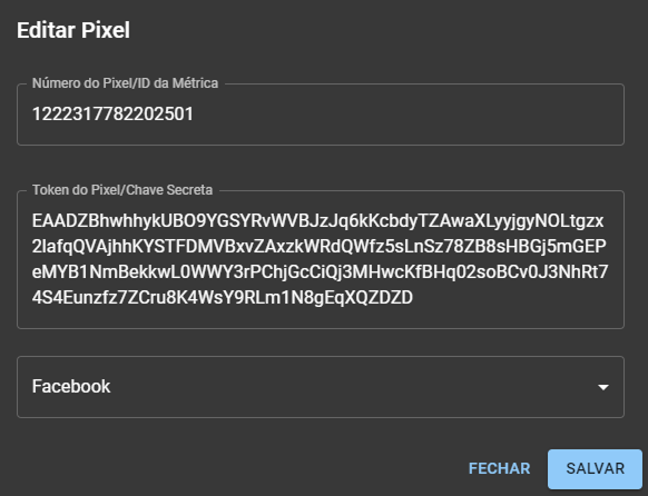 Interface de configuração de pixels e tokens SellTracking