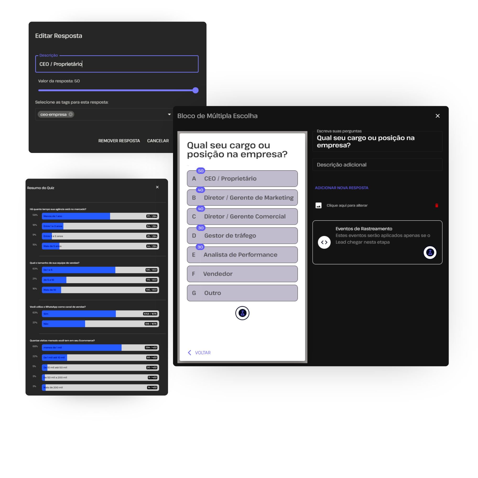 Demonstração da interface de um quiz interativo da SellFlux em um tablet